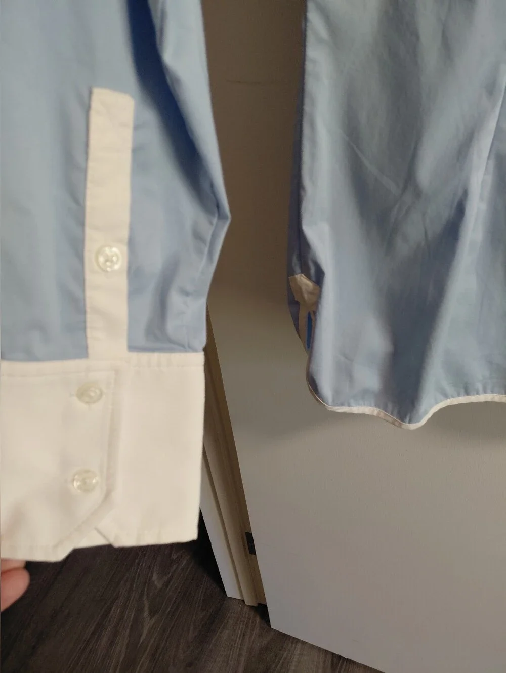 Women's Express Design Studio White Blue Button Down Fitted Dress Shirt - Picture 7 of 9